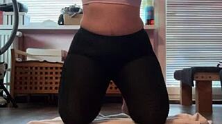 yo check this busty mommy stretching her huge tits yoga style