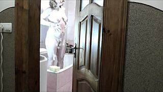 sexy blonde naked in bathroom, roommate watches and jerks off cumshot