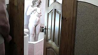 sexy blonde naked in bathroom, roommate watches and jerks off cumshot