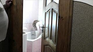 sexy blonde naked in bathroom, roommate watches and jerks off cumshot