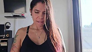 horny petite 18+ kneels sloppy blowjob cum swallow brunette colombian homemade pov