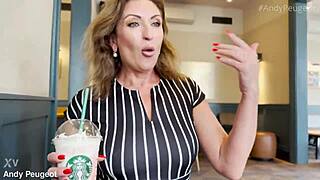 pov stepmom swallows cum in coffee shop bathroom public fuck