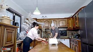 Watch Emmita's big tits bounce during xmas kitchen fuck ending in hard anal