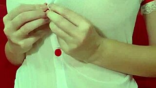 blonde beauty in see-through dress teases her massive bouncing tits up close homemade fun