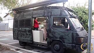 bareback granny pounding in city trailer park bts with bbc cumshot and deepthroat action