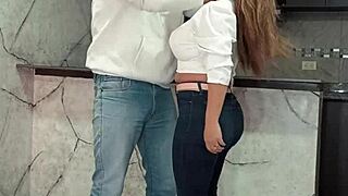 bored latina milf sneaks blowjob then rides condom cum in living room