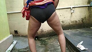 stepmom pees backyard then quick outdoor fuck cums on her huge tits!