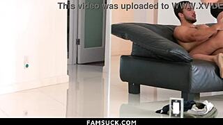 Stepmom grinds teen cock while he sucks her huge tits