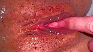 amateur wife's shaved pink pussy closeup 356 days after virginity loss to licking husband