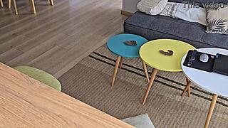 backstage, my brunette colombian partner bends over in the living room as i fuck her doggystyle deepthroat style with dirty talk and orgasms