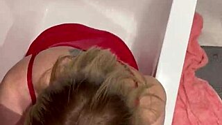 hey stepmom surprised me in bathroom sucking dick then i fucked her tits cum