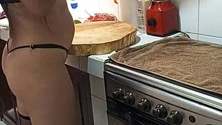 horny latina ebony milf masturbates big ass pussy in kitchen before creampie dinner. brunette prostitute vibes build to wild sex