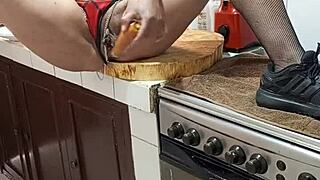 horny latina ebony milf masturbates big ass pussy in kitchen before creampie dinner. brunette prostitute vibes build to wild sex