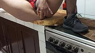 horny latina ebony milf masturbates big ass pussy in kitchen before creampie dinner. brunette prostitute vibes build to wild sex