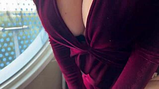 brunette wife in miniskirt bends by window for quick office cumshot