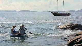 blonde milf takes four cocks pounding on sunny beach spot