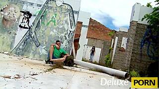 Skinny shaved brunette milf fingers pussy rides big cock outdoors hardcore