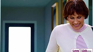 Stepdaughter Sits on Busty Stepmom's Strapon Covering It Deeply